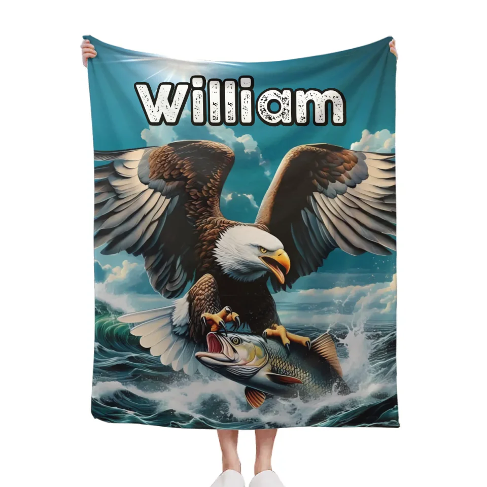 Customized Eagle Themed Blanket - Personalized Name Eagle Catching Fish Blanket - A Gift For Bird Lover,Eagle Lover,Friend,Colleagues