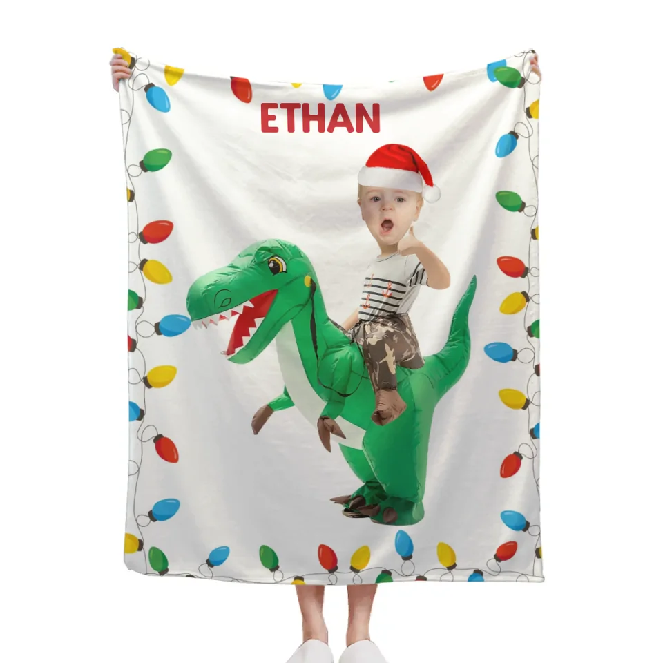 Personalized Riding Dinosaur Blanket, Customized Photo, - Fun Family Gifts