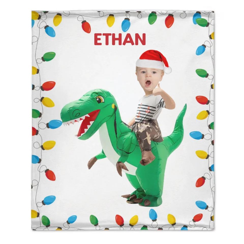 Personalized Riding Dinosaur Blanket, Customized Photo, - Fun Family Gifts