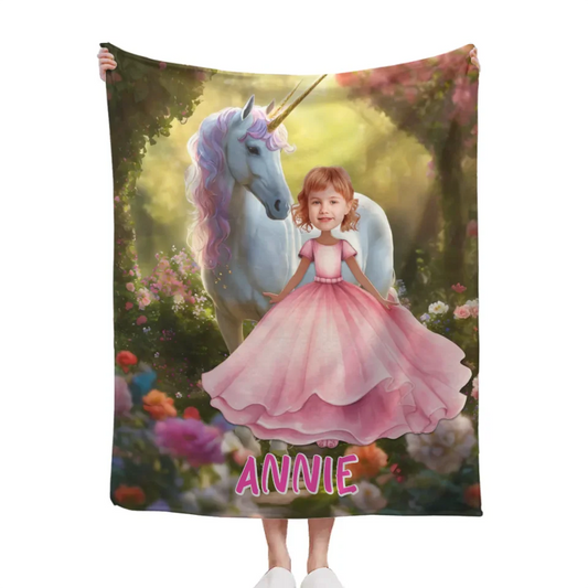 Custom Name Photo Blanket Personalized Colorful Princess and Unicorn Blanket