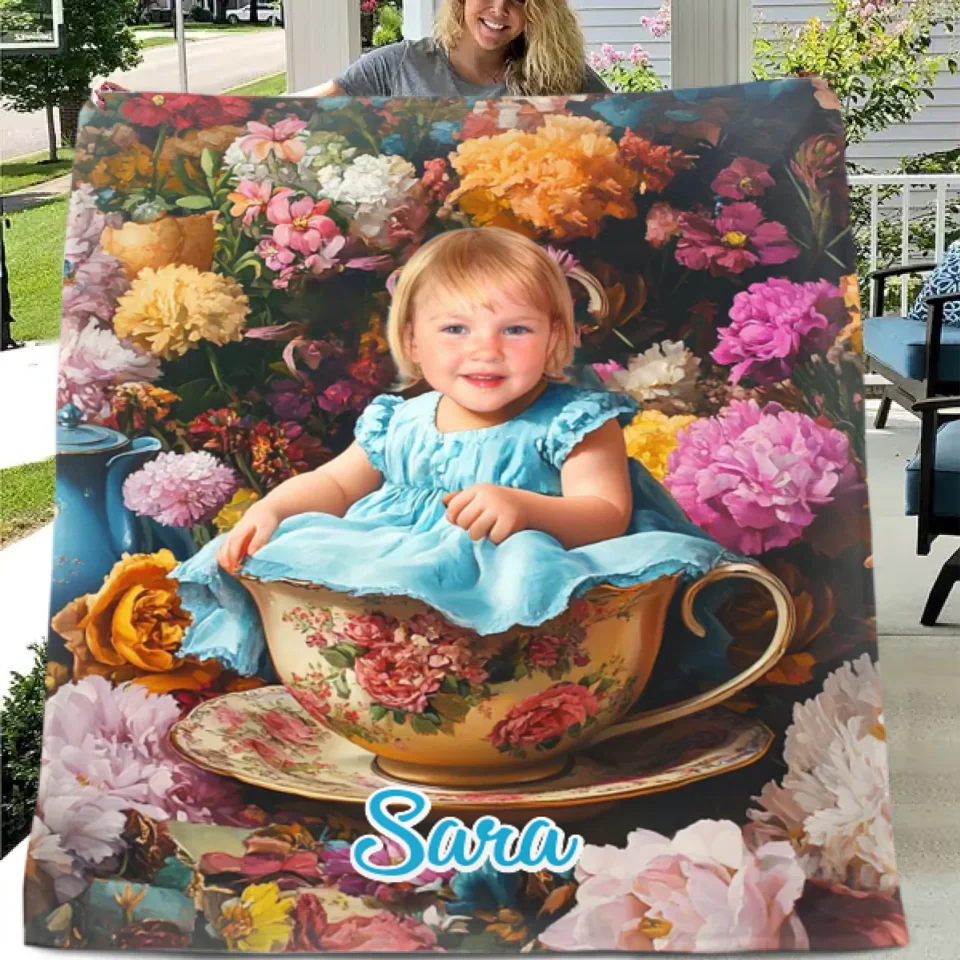 Customized Floral Blanket - Floral Wonderland Blanket Personalized with Name and Photo - A Gift For Girl,Children,Daughter