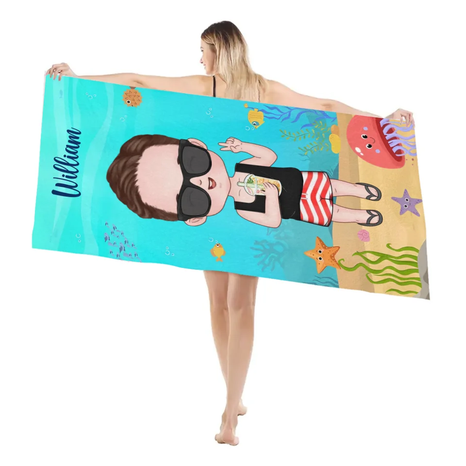 Customized Cartoon Character Bath  - Personalized Cartoon Character Image and Name Ocean Themed Beach Towel - A Gift For Children,Friend,BFF,Family