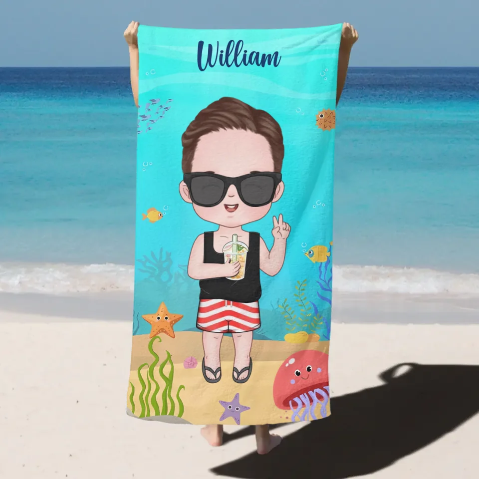 Customized Cartoon Character Bath  - Personalized Cartoon Character Image and Name Ocean Themed Beach Towel - A Gift For Children,Friend,BFF,Family