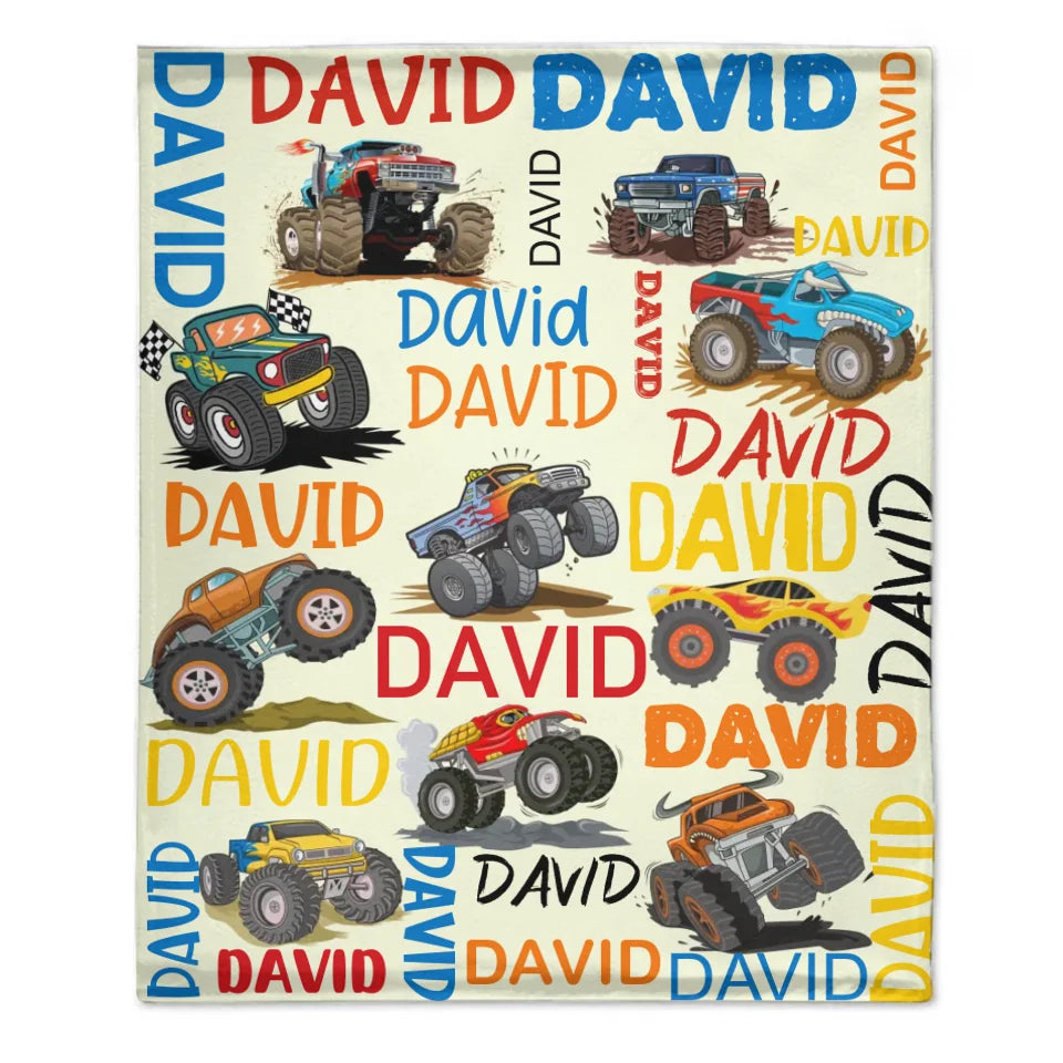 Monster Trucks Cars Motorcycles Collection - Customized Kids Name Blanket