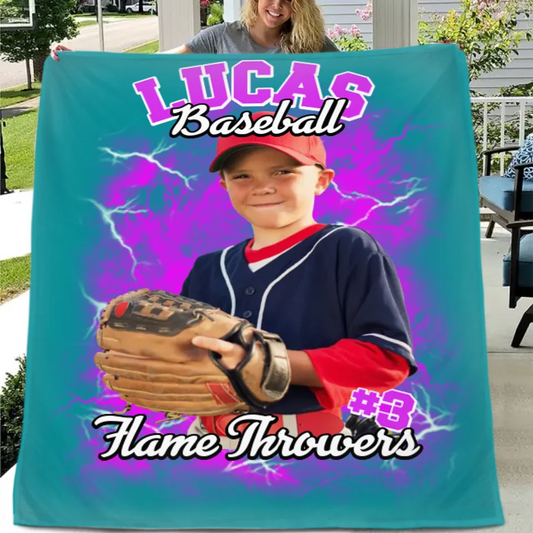 Customized Sports-Themed Blankets - Personalized Name,Number,Photo and Lightning Bolt Background on Multi-Colored Optional Blanket - A Gift For Sports Lover,Sports Player