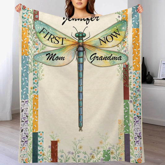 First and Now Customized Dragonfly Birthday Flower Blanket - Personalized Flowers and Names - Gift for Relatives, Family