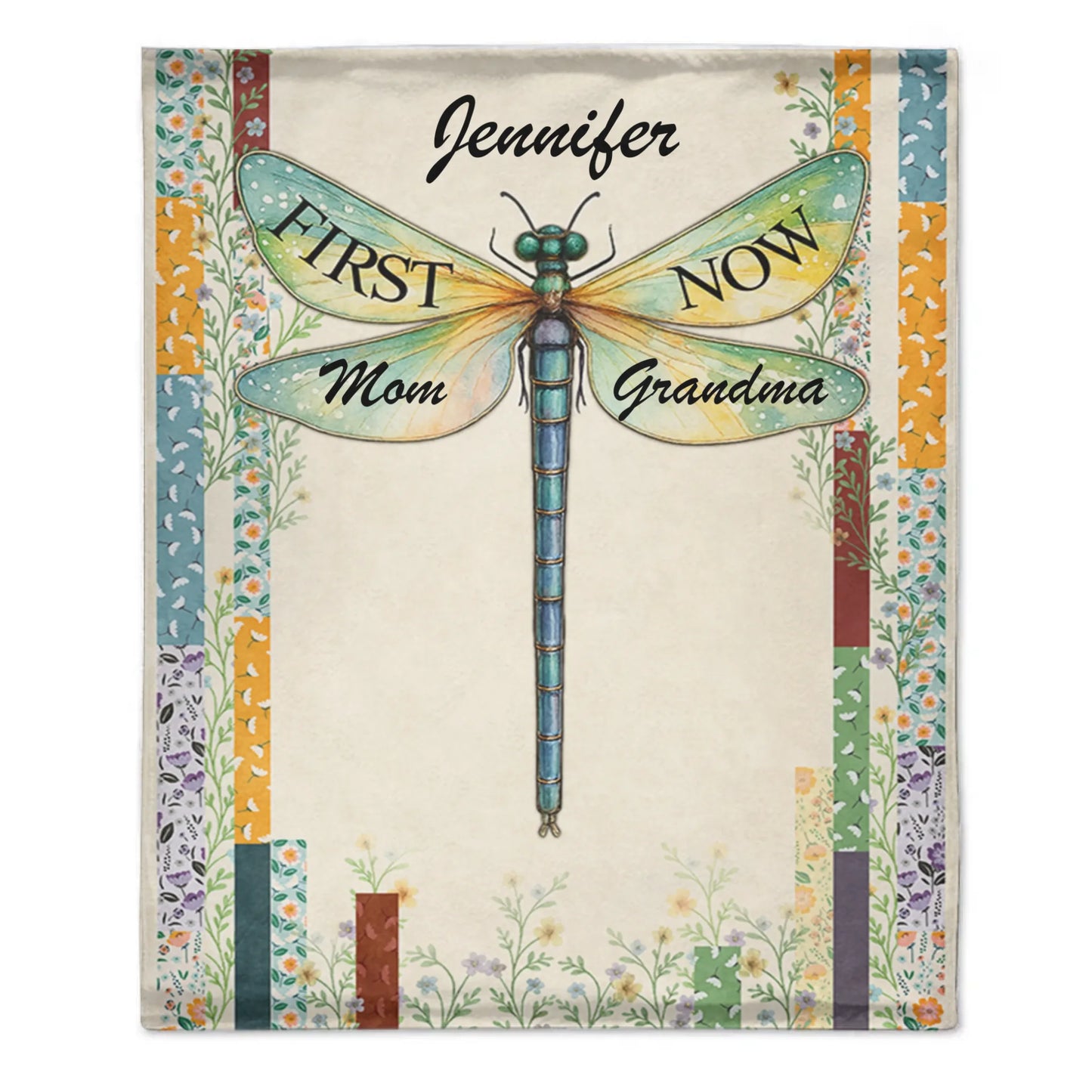 First and Now Customized Dragonfly Birthday Flower Blanket - Personalized Flowers and Names - Gift for Relatives, Family