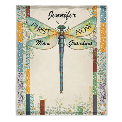 First and Now Customized Dragonfly Birthday Flower Blanket - Personalized Flowers and Names - Gift for Relatives, Family