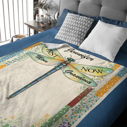 First and Now Customized Dragonfly Birthday Flower Blanket - Personalized Flowers and Names - Gift for Relatives, Family