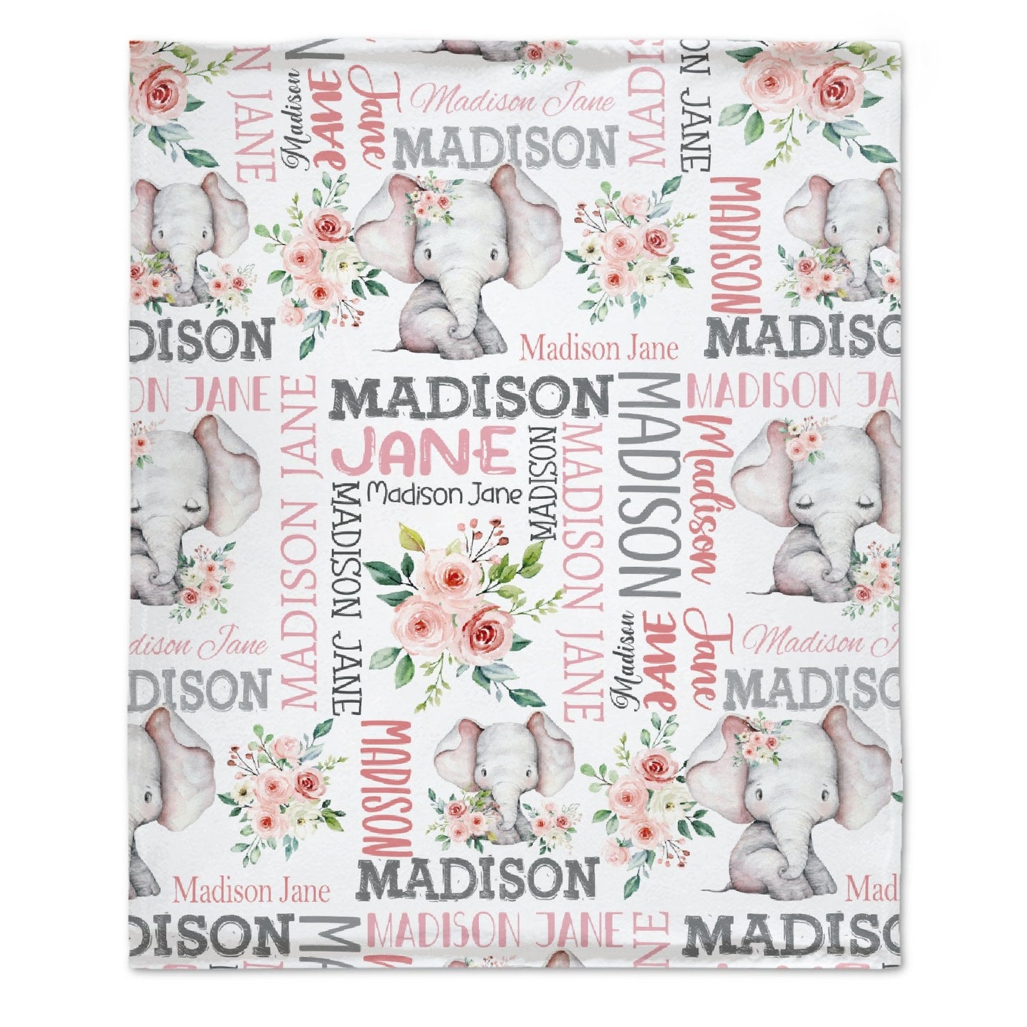 Rose And Elephant - Personalised Name Pink Blanket - A Gift For Child,Newborns
