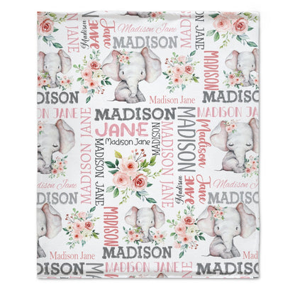 Rose And Elephant - Personalised Name Pink Blanket - A Gift For Child,Newborns