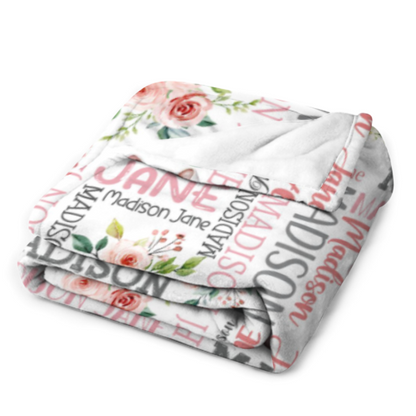 Rose And Elephant - Personalised Name Pink Blanket - A Gift For Child,Newborns