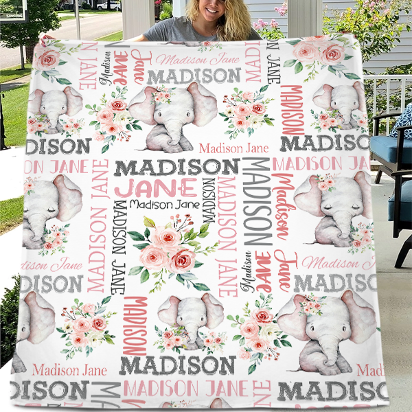 Rose And Elephant - Personalised Name Pink Blanket - A Gift For Child,Newborns