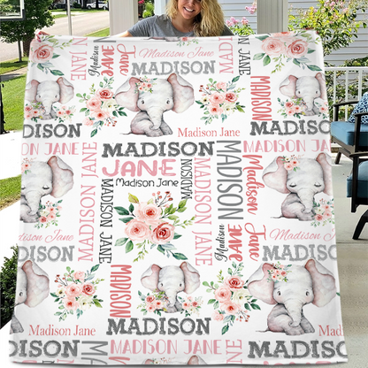 Rose And Elephant - Personalised Name Pink Blanket - A Gift For Child,Newborns