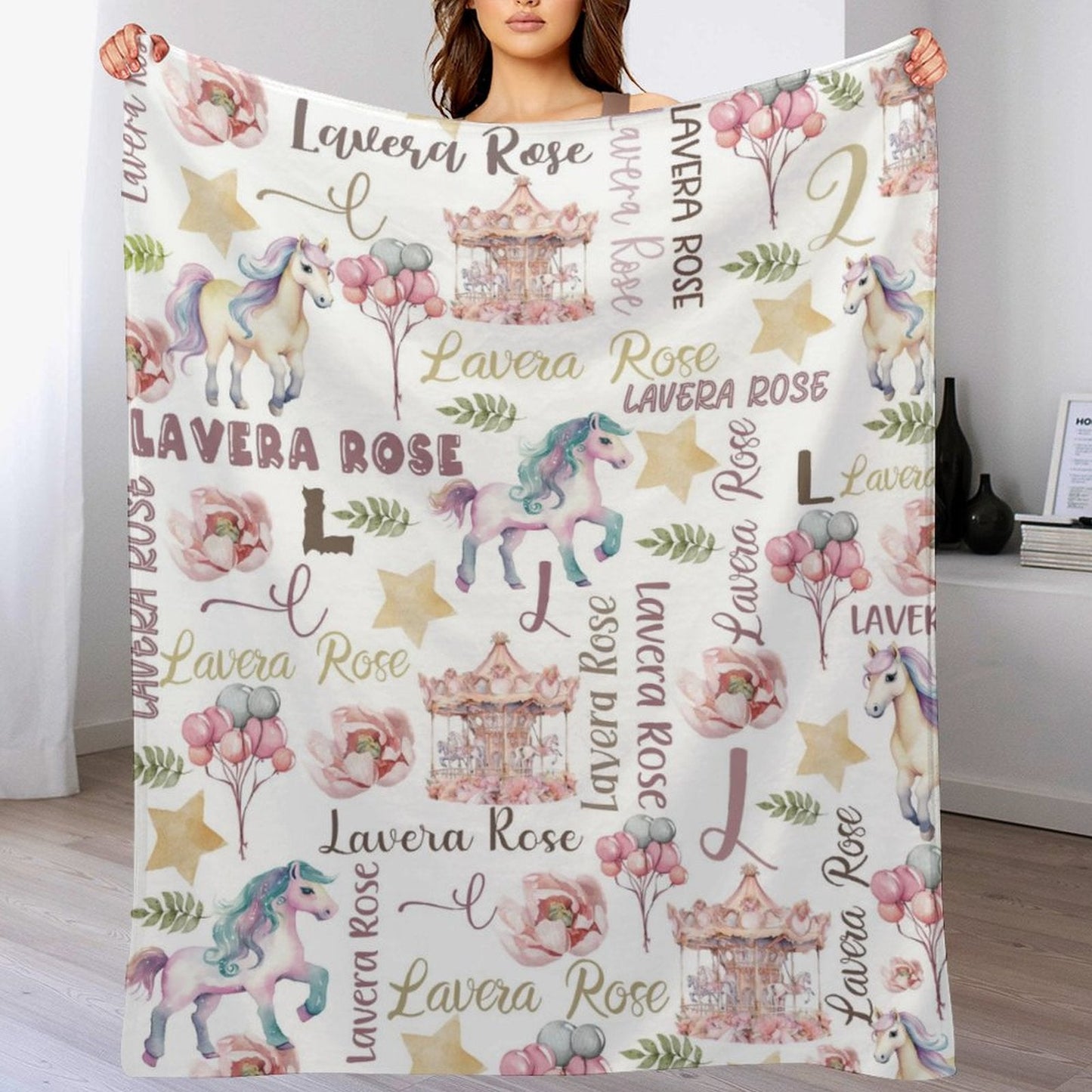 ️Personalized Baby Blanket, Horse Sherpa Blanket, Personalized Baby Girl Blanket, Floral Horse Theme