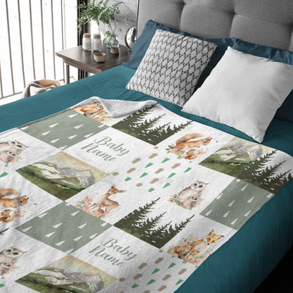 ️Personalize Woodland Style Blanket-Custom Baby Name Blanket - Sage Green Woodland