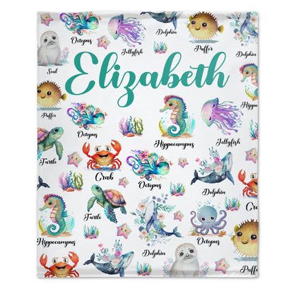 ️Custom Name Cute Sea Animal Blanket - Gifts for Kids