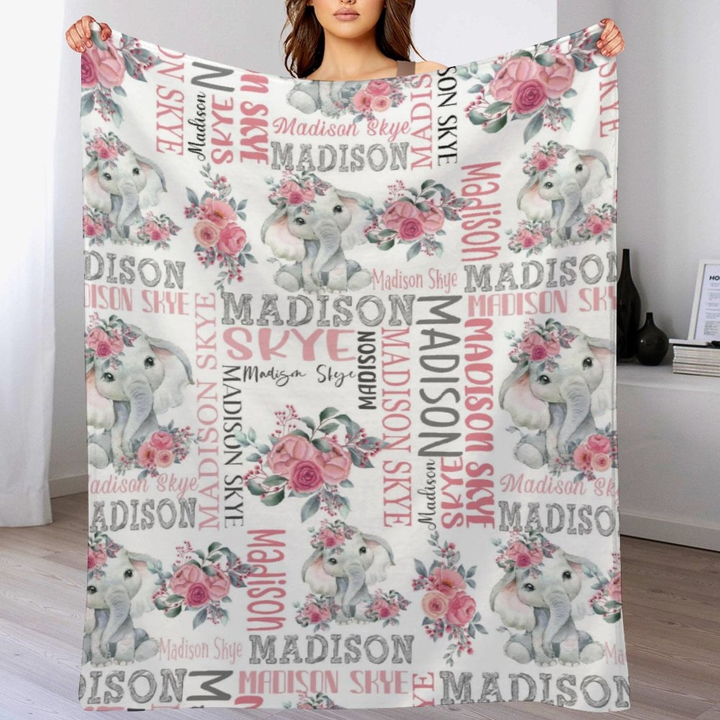 ️Flower Elephant Baby Girl Name Custom Blanket