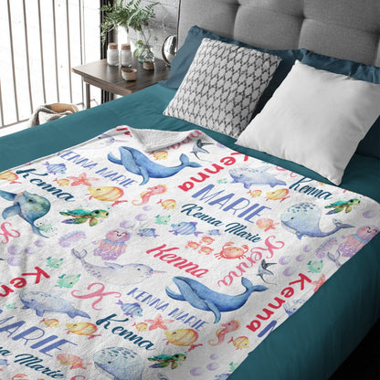 ️Personalized Whale Sea Animals Custom Name Baby Blanket
