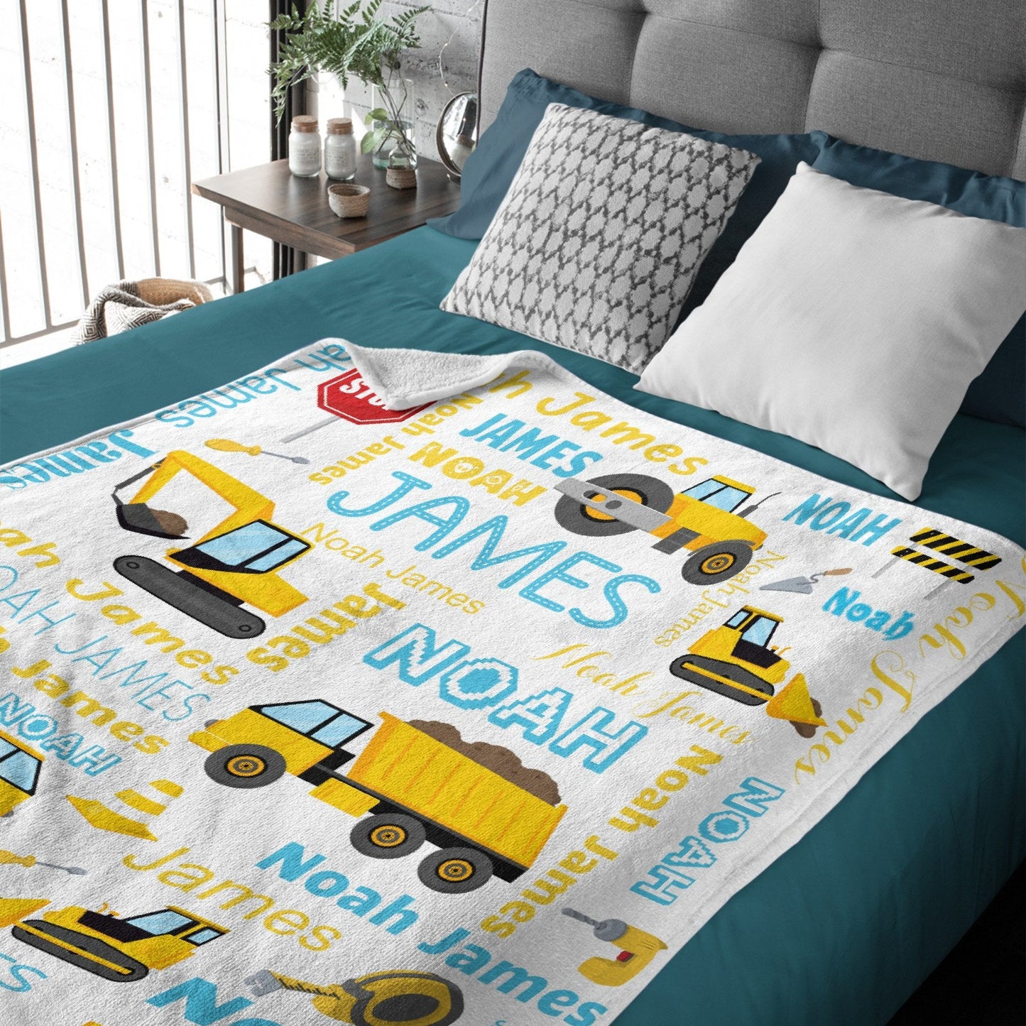 ️Personalized Toddler Blanket Light Construction Truck Kids Custom Blanket