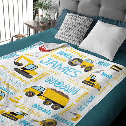 ️Personalized Toddler Blanket Light Construction Truck Kids Custom Blanket