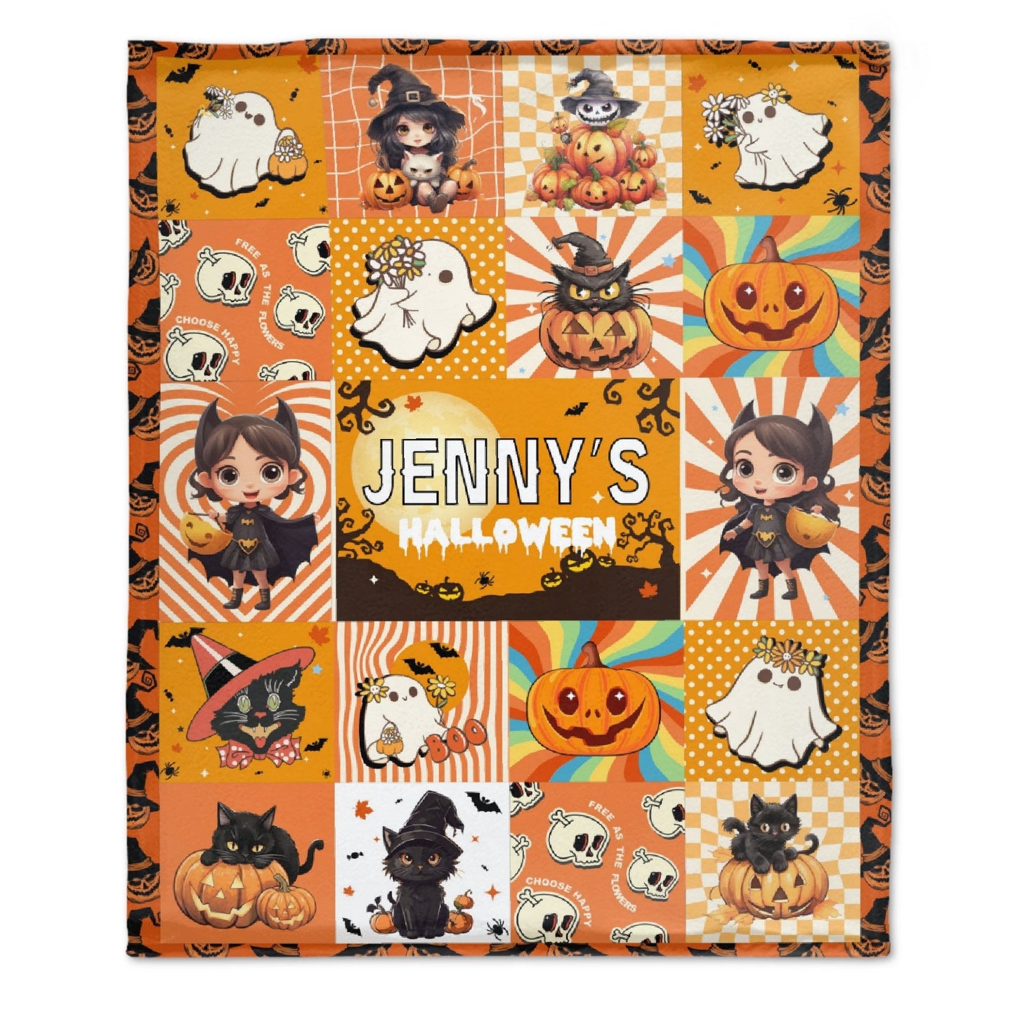 ️Personalized Halloween Orange Pattern Custom Name Baby Blanket