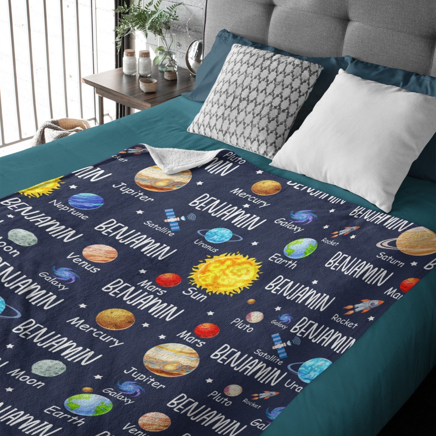 ️Space Planets Theme Custom Name Baby Blanket