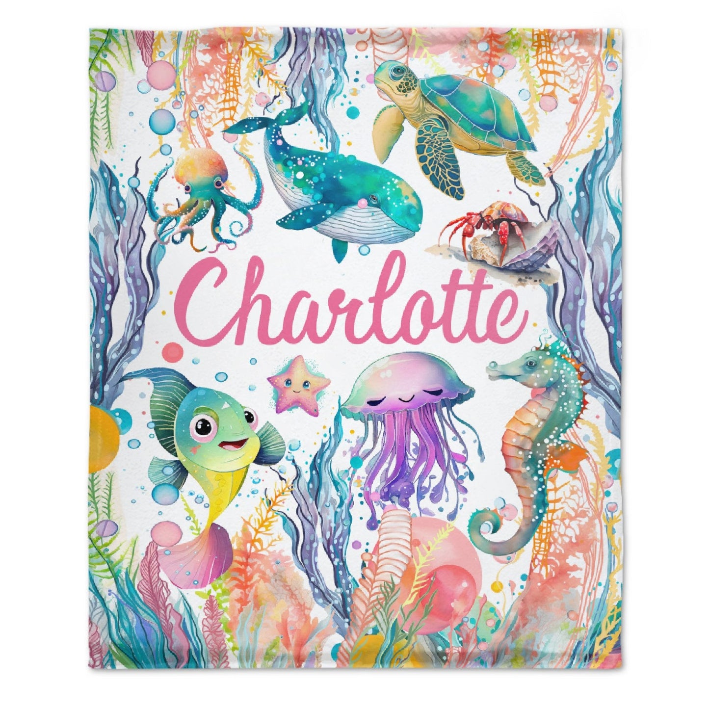 ️Personalized Baby Toddler Name Blanket-Watercolor Sea Animals