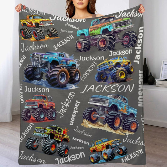 ️Personalized Custom Name Monster Trucks Blankets Blanket for Kids