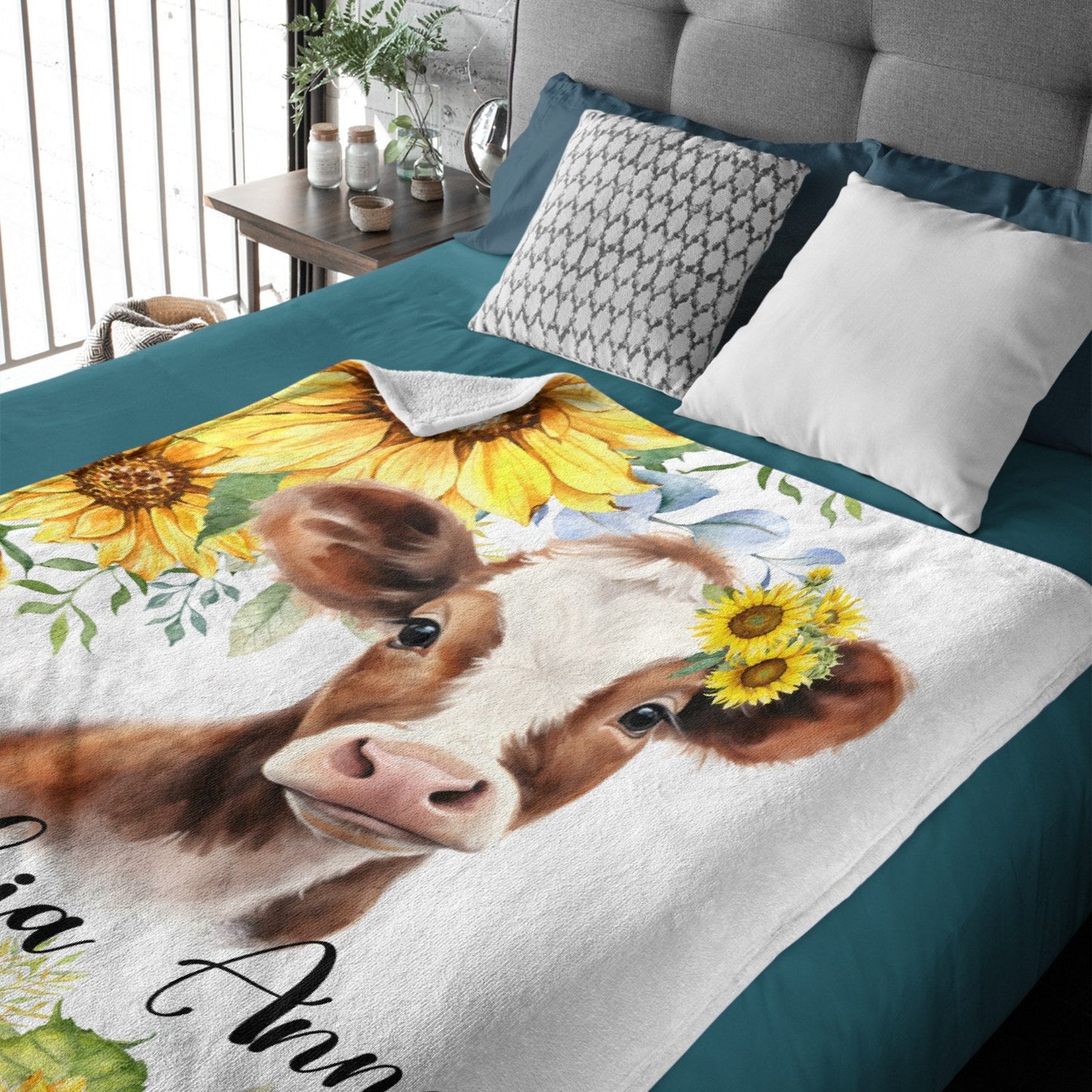 ️Personalized Custom Name Baby Blanket - Red Floral Watercolor Roses,Sunflowers, Farm Animal Cow Blanket