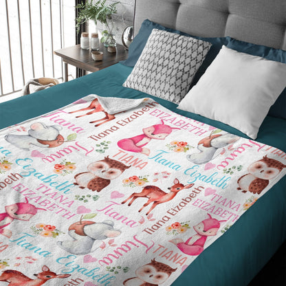 ️Woodland Animals Personalized Baby Girl Blanket