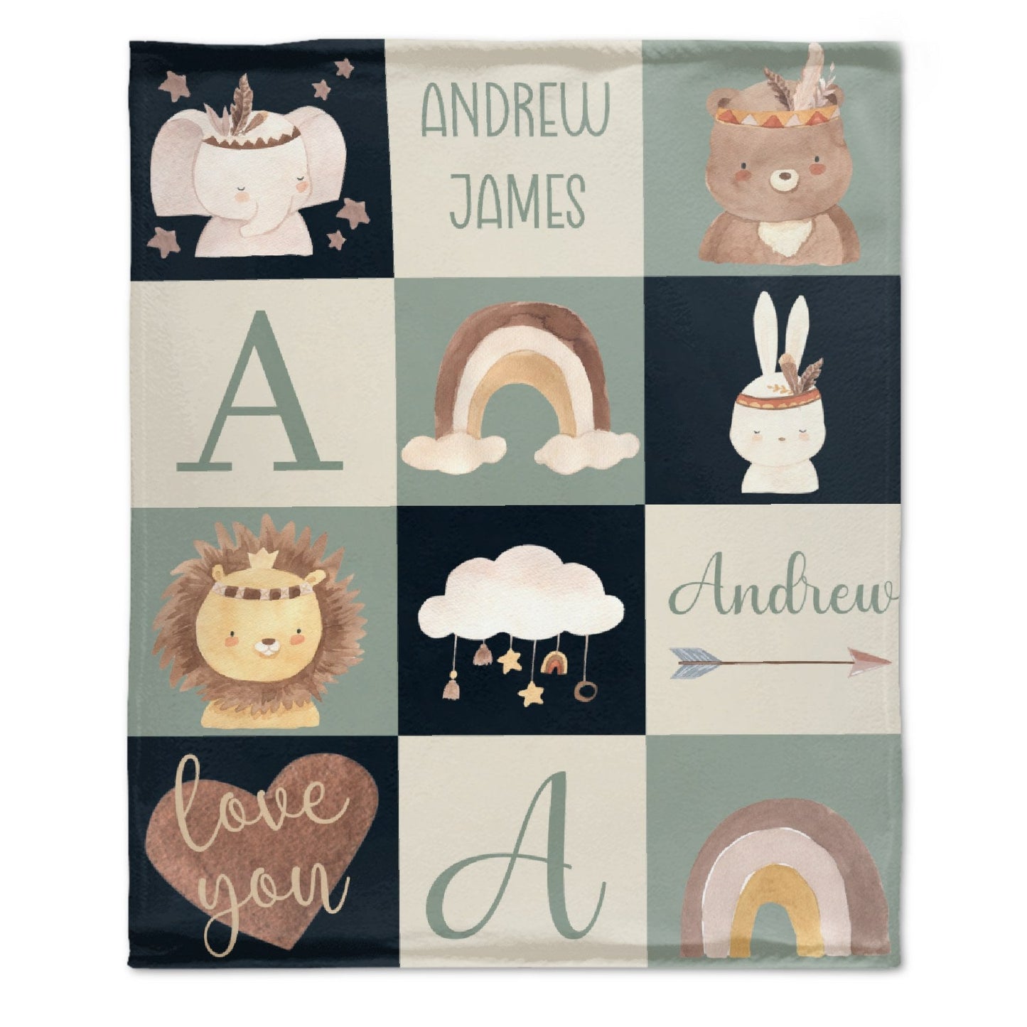 ️Boho Custom Name Animal Rainbow And Star Baby Boy Name Blanket - Baby Boy Elephant Nursery Gift