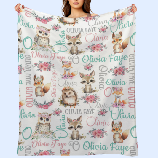 ️Personalized Baby Woodland Animals Name Blanket - Gift for baby