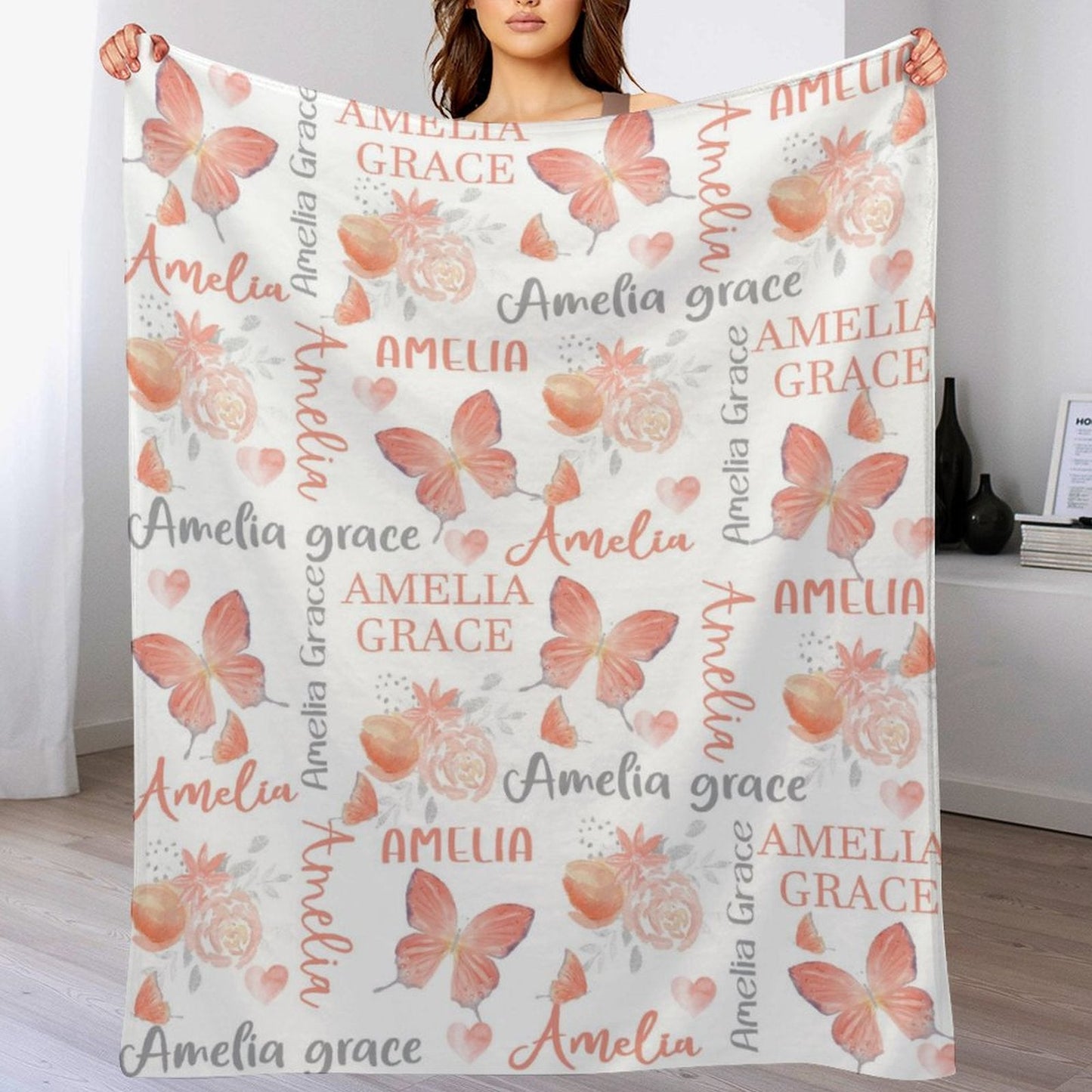 ️Personalized Butterfly Coral Floral Baby Girl Name Blanket