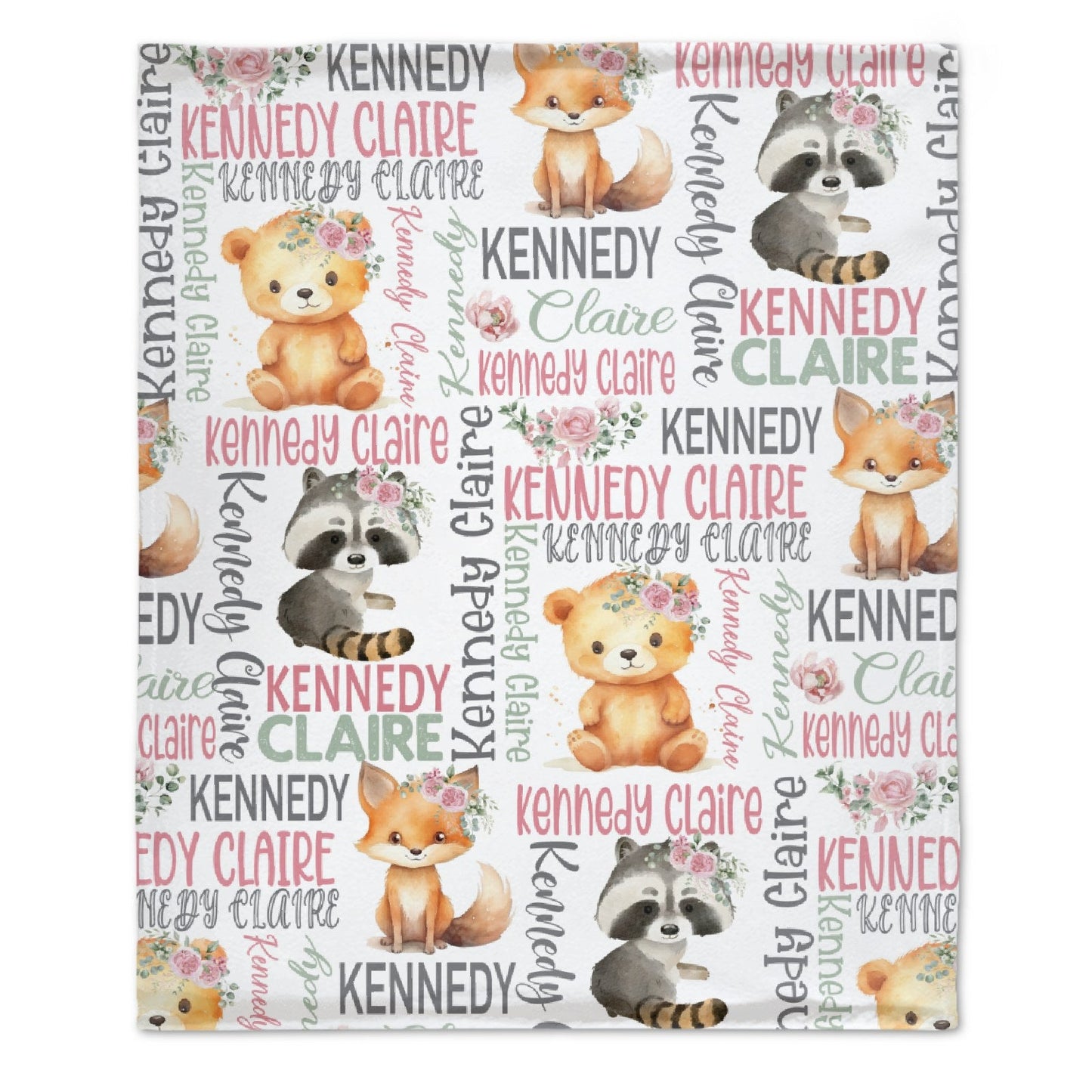 ️Personalized Girl Pink Floral Woodland Animals Baby Name Blanket