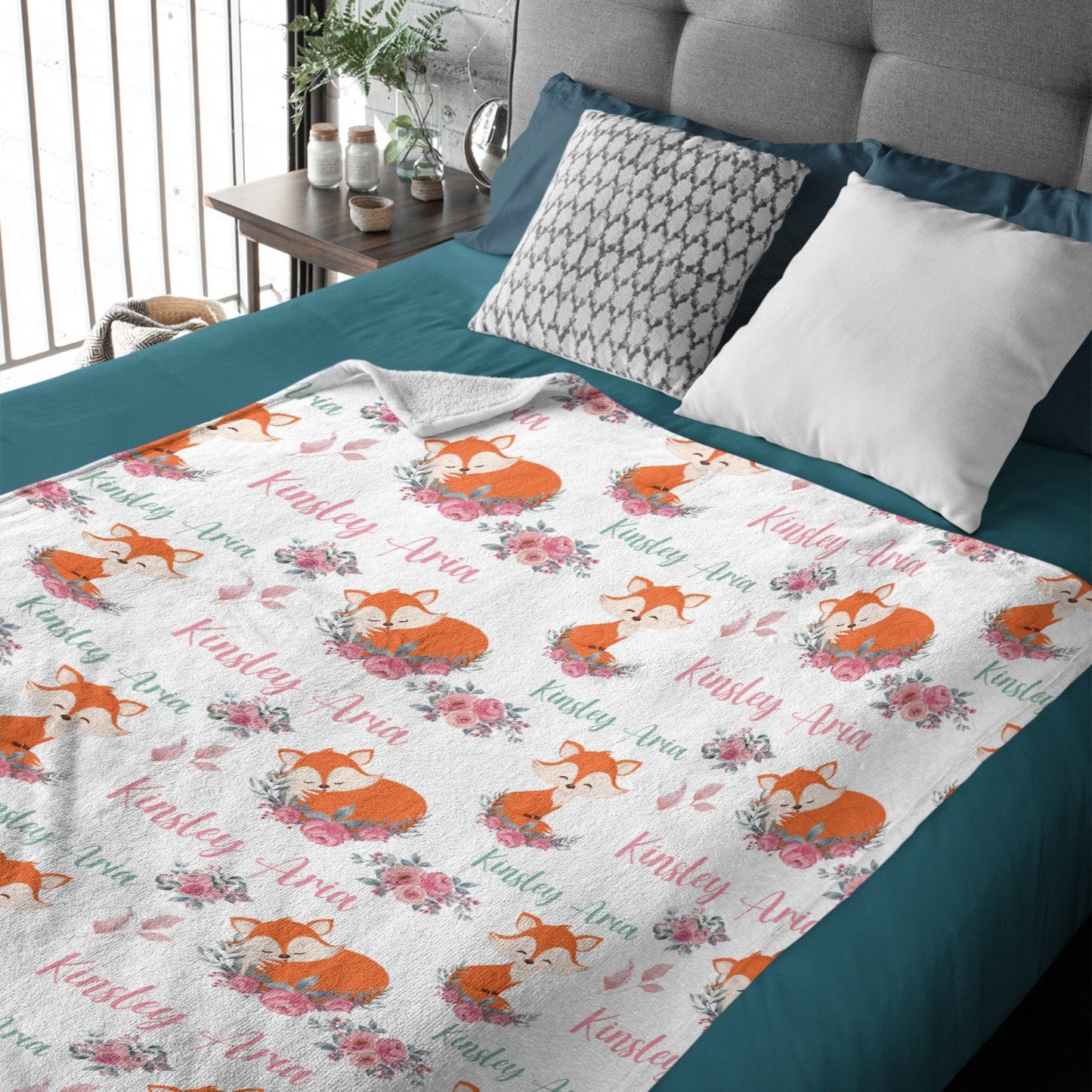 ️Personalized Pink Floral Fox Blanket