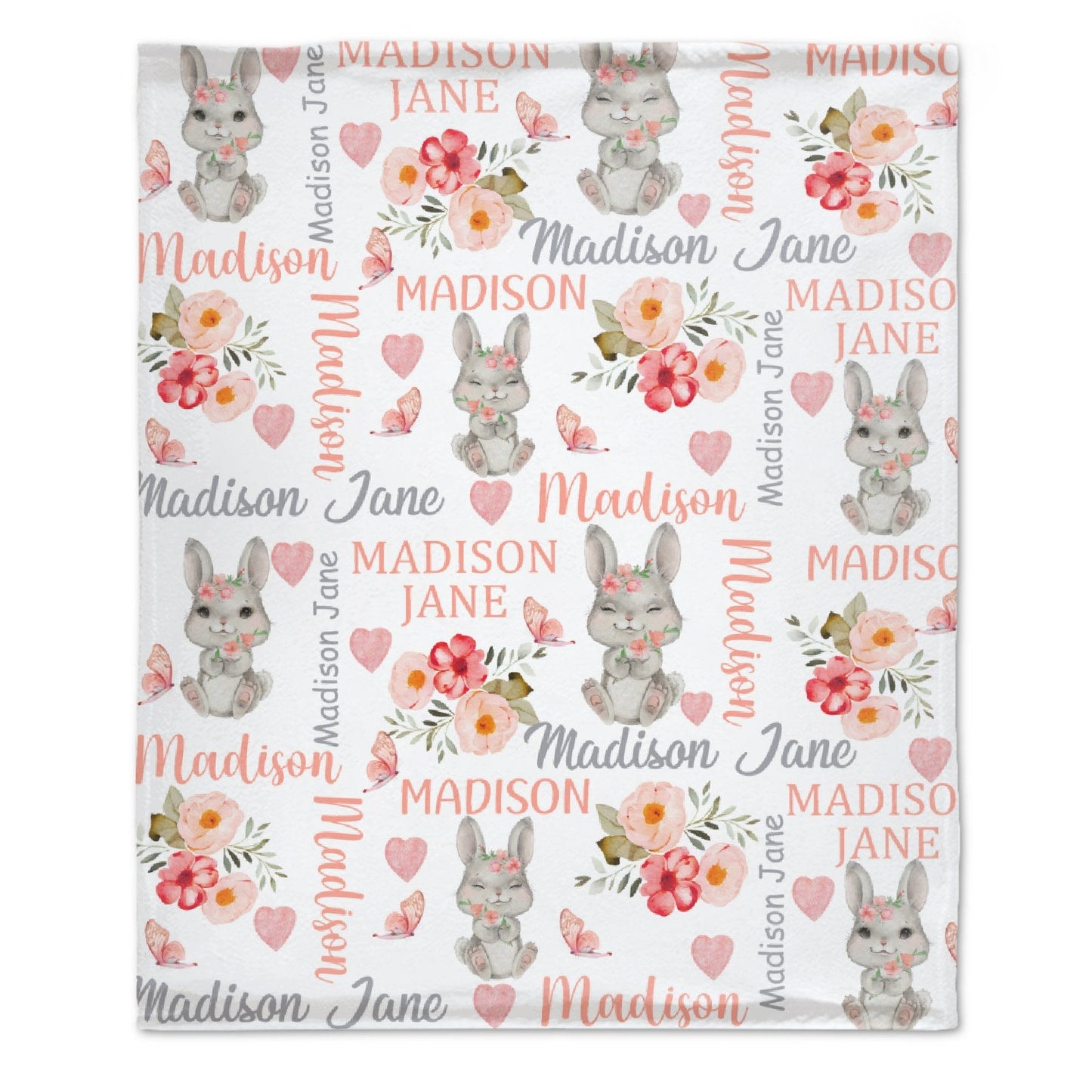 ️Personalized Baby Girl Blanket Coral Floral Bunny Baby Blanket