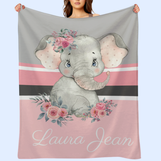 ️Personalized Floral Elephant Blanket - Customized Name Gift