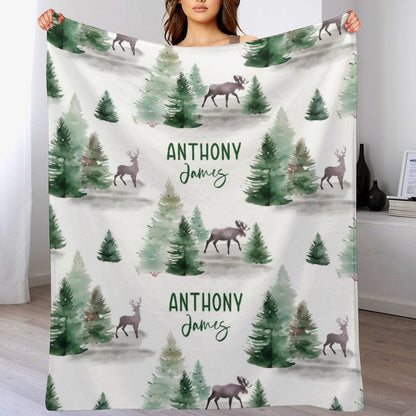 ️Baby Swaddle Blanket -Custom Baby Name Shower Gift -Personalized Baby Boy Blanket with deer -Woodland Style