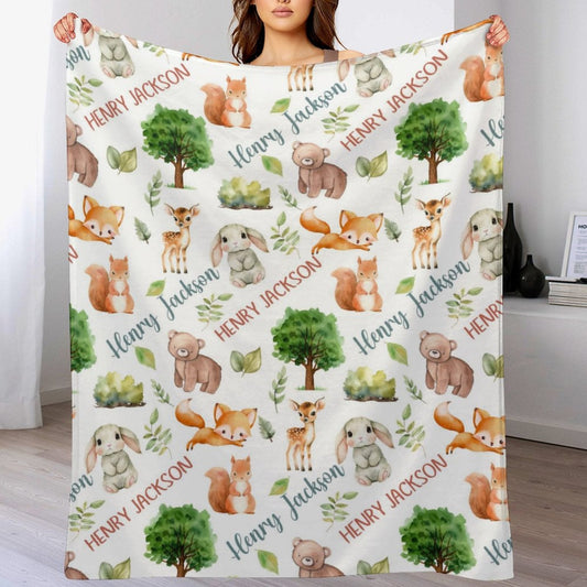 ️Personalized Forest Animals Theme Baby Name Blanket