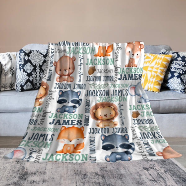 ️ Personalized Woodland Animals Baby Name Blanket - Custom Name Gift