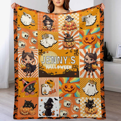 ️Personalized Halloween Orange Pattern Custom Name Baby Blanket