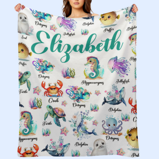 ️Custom Name Cute Sea Animal Blanket - Gifts for Kids