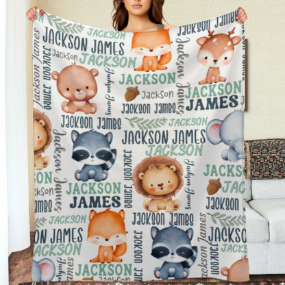 ️ Personalized Woodland Animals Baby Name Blanket - Custom Name Gift