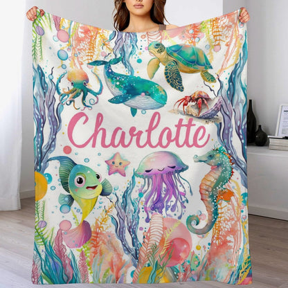 ️Personalized Baby Toddler Name Blanket-Watercolor Sea Animals