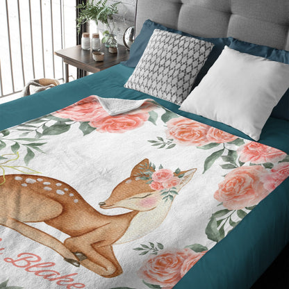 ️Personalized Girl Woodland Peach Floral Deer Baby Blanket