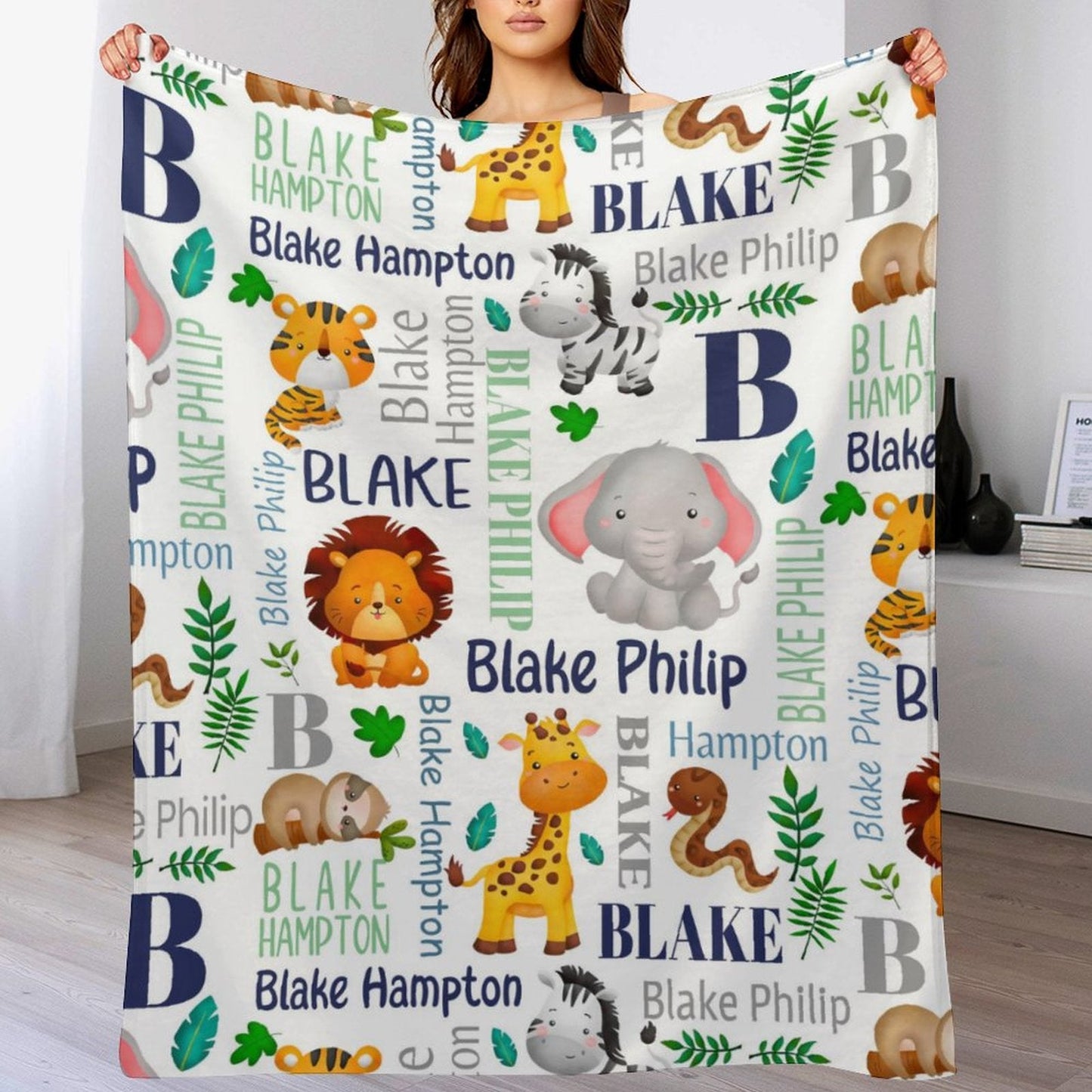 ️Personalized Blanket - Custom Name Jungle Animal Blanket - Sherpa Throw Blanket - Animal Blanket