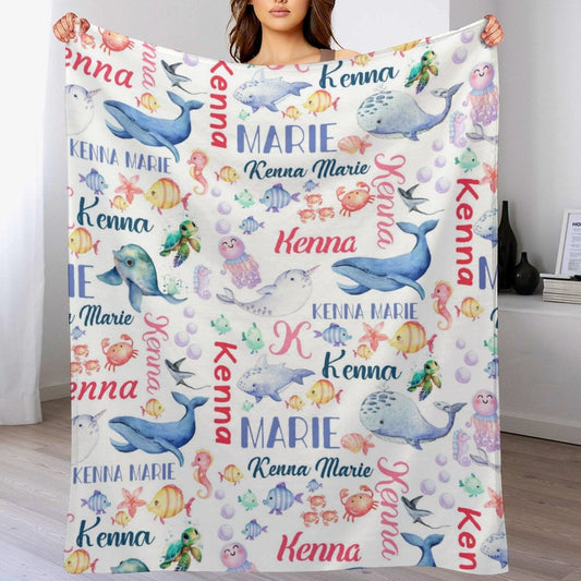 ️Personalized Whale Sea Animals Custom Name Baby Blanket