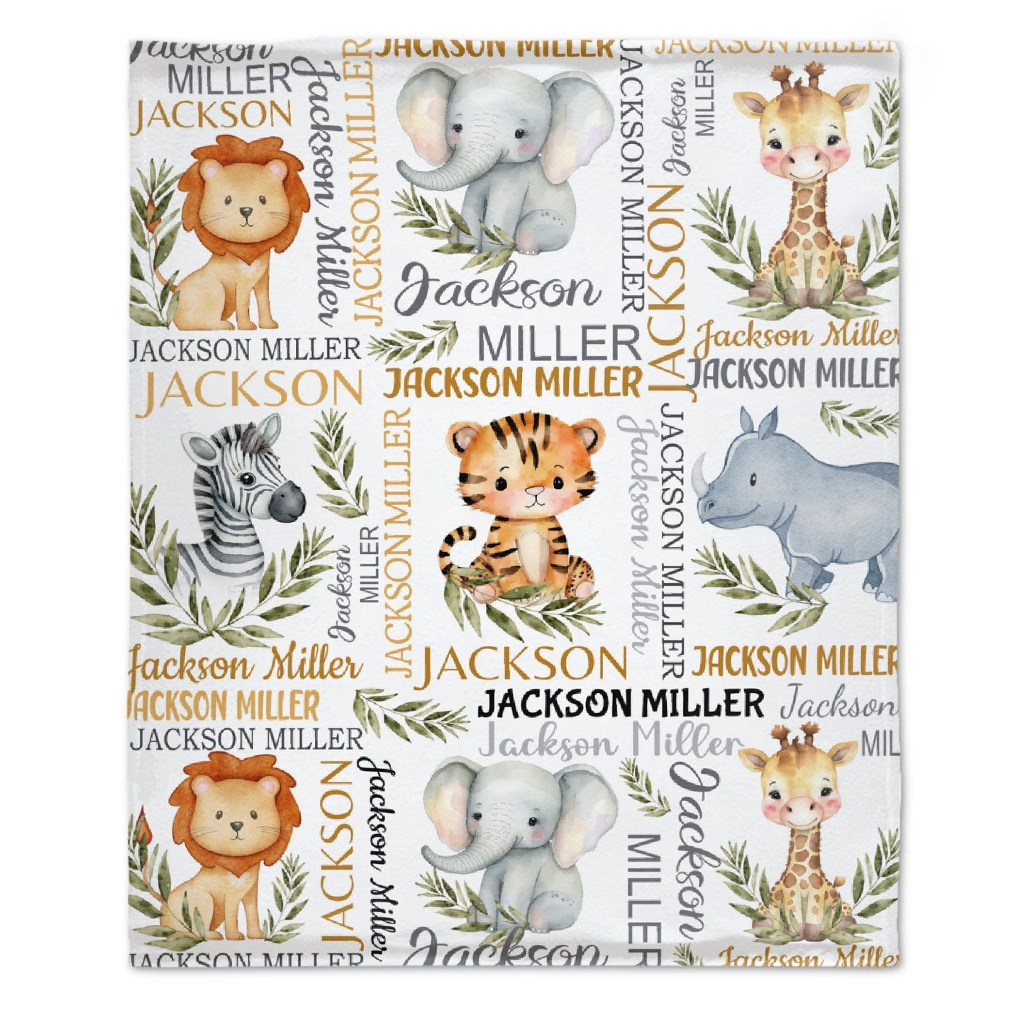 ️Watercolor Safari Animal Personalized Name Baby Blanket