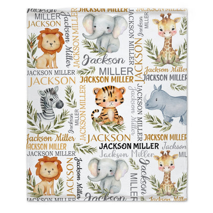 ️Watercolor Safari Animal Personalized Name Baby Blanket